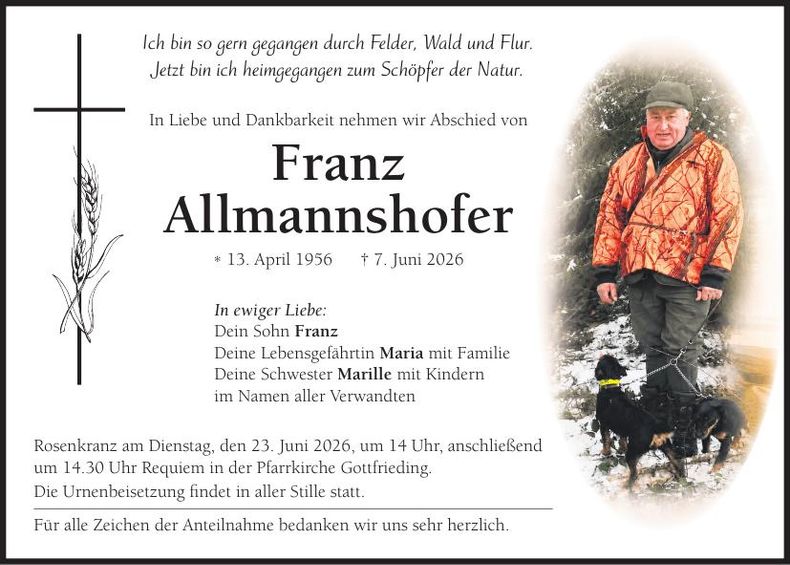 Traueranzeige Franz Allmannshofer