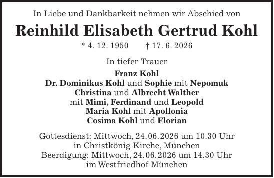 Traueranzeige Kohl Reinhild Elisabeth Gertrud