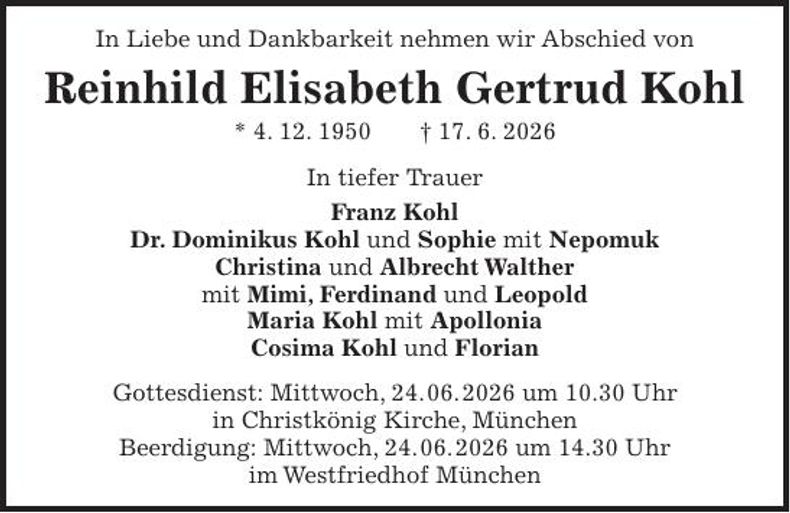 Traueranzeige Kohl Reinhild Elisabeth Gertrud