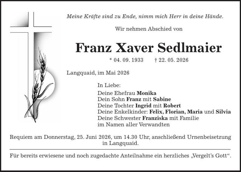 Traueranzeige Franz Xaver Sedlmaier
