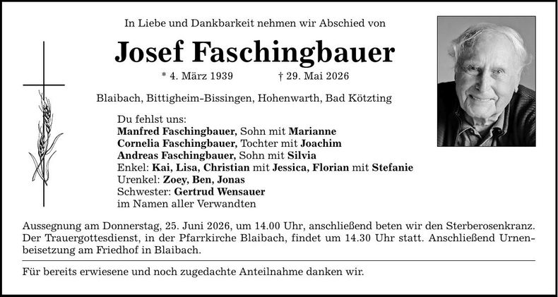 Traueranzeige Josef Faschingbauer