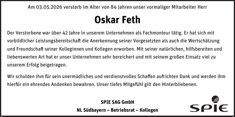 Traueranzeige Oskar Feth