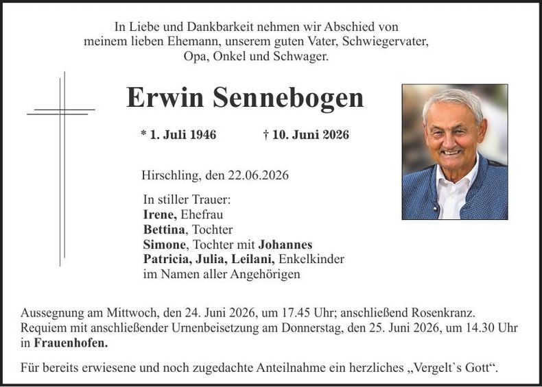 Traueranzeige Erwin Sennebogen