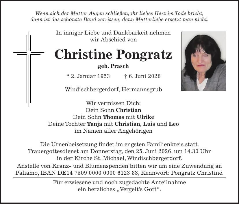Traueranzeige Christine Pongratz