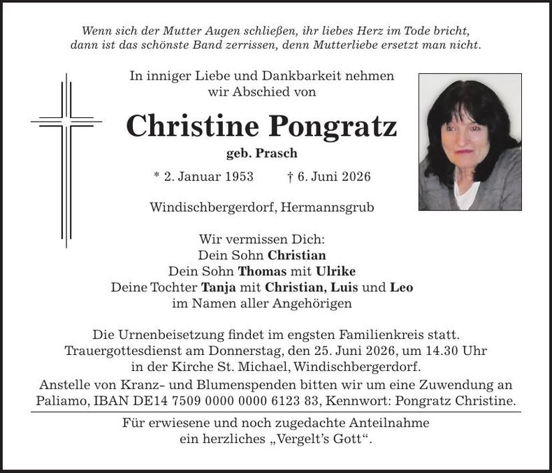 Traueranzeige Christine Pongratz