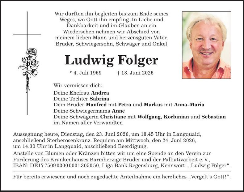 Traueranzeige Ludwig Folger