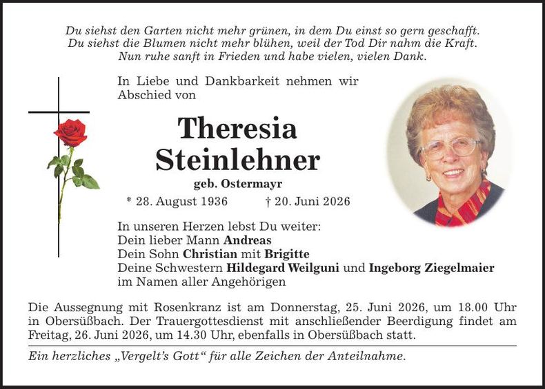Traueranzeige Theresia Steinlehner