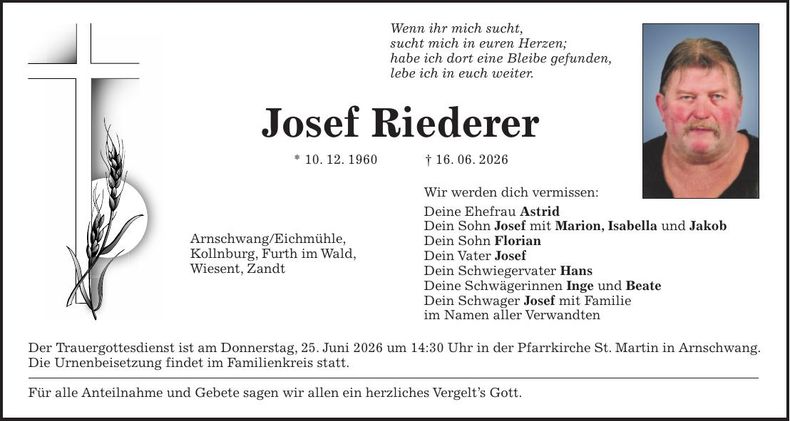 Traueranzeige Josef Riederer