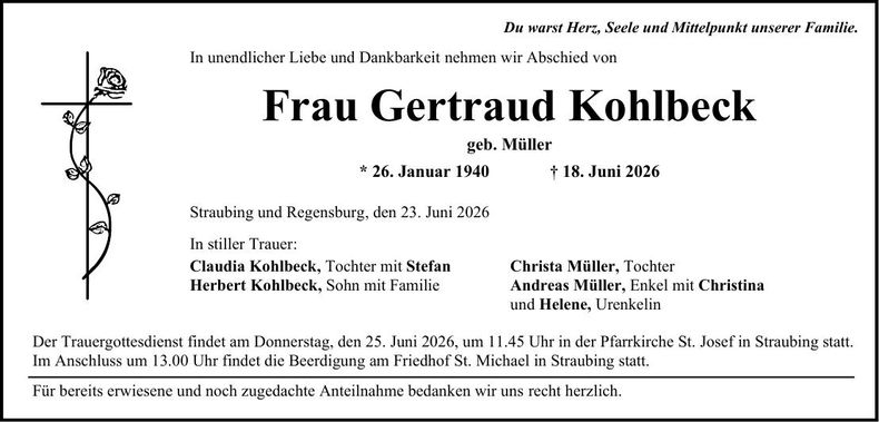Traueranzeige Gertraud Kohlbeck