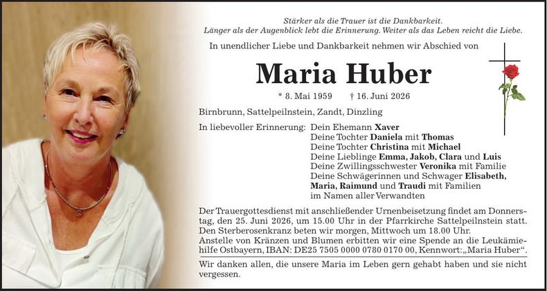 Traueranzeige Maria Huber