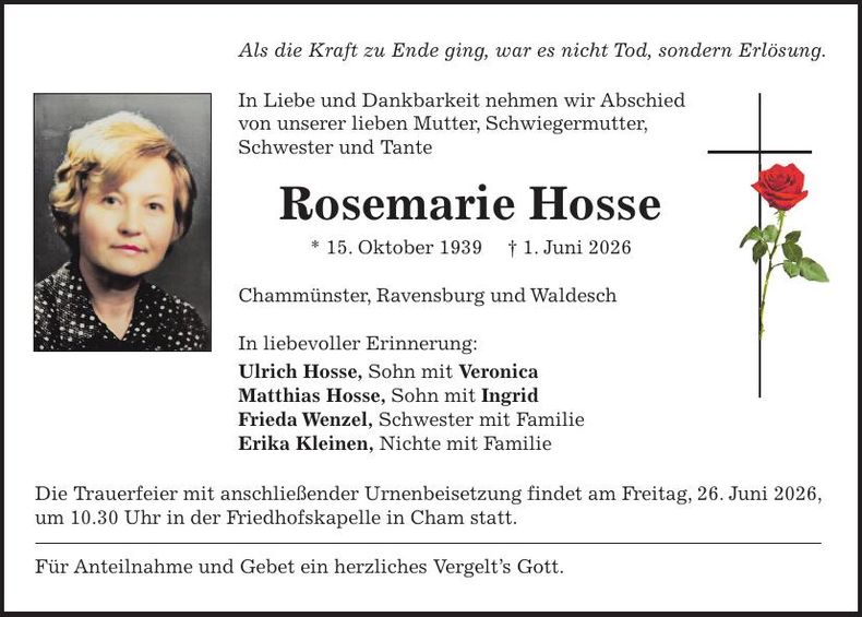 Traueranzeige Rosemarie Hosse