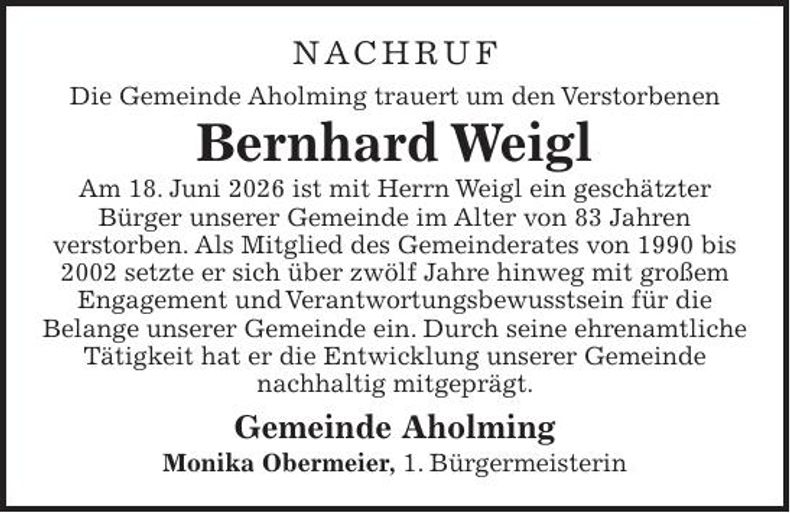 Traueranzeige Bernhard Weigl