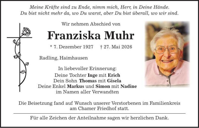 Traueranzeige Fanny Muhr 