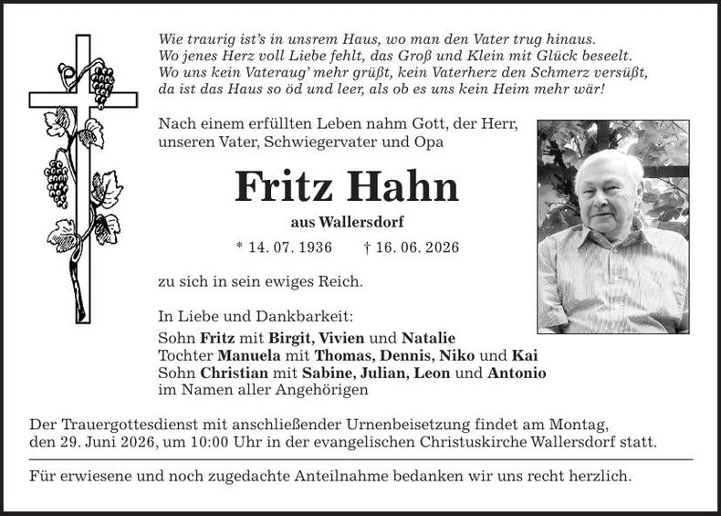 Traueranzeige Fritz Hahn