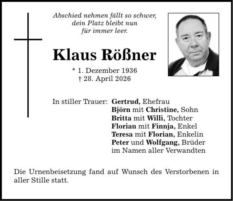 Traueranzeige Klaus Rößner