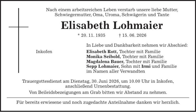 Traueranzeige Elisabeth Lohmaier