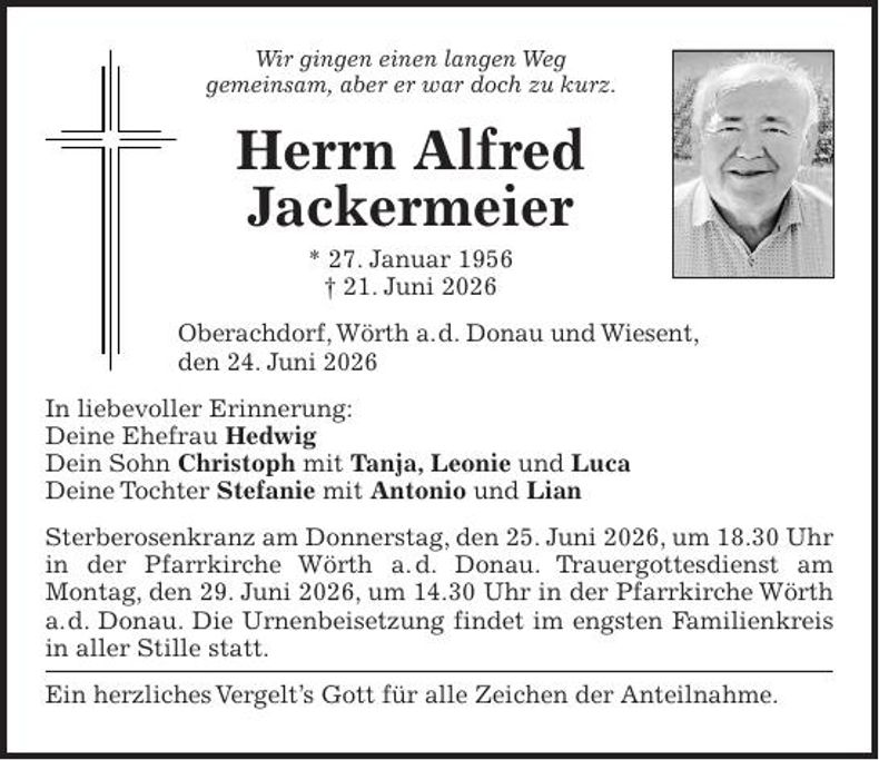 Traueranzeige Alfred  Jackermeier