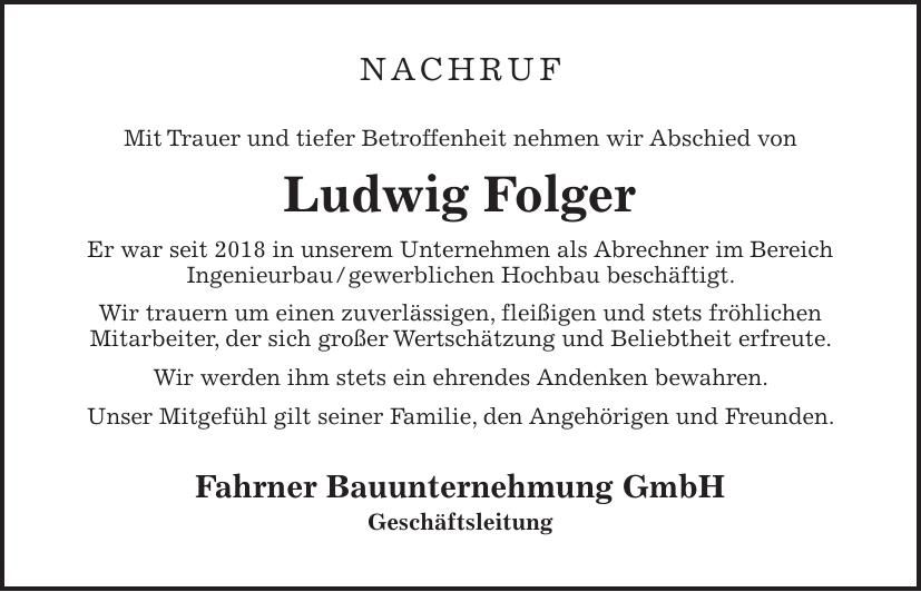 Traueranzeige Ludwig Folger