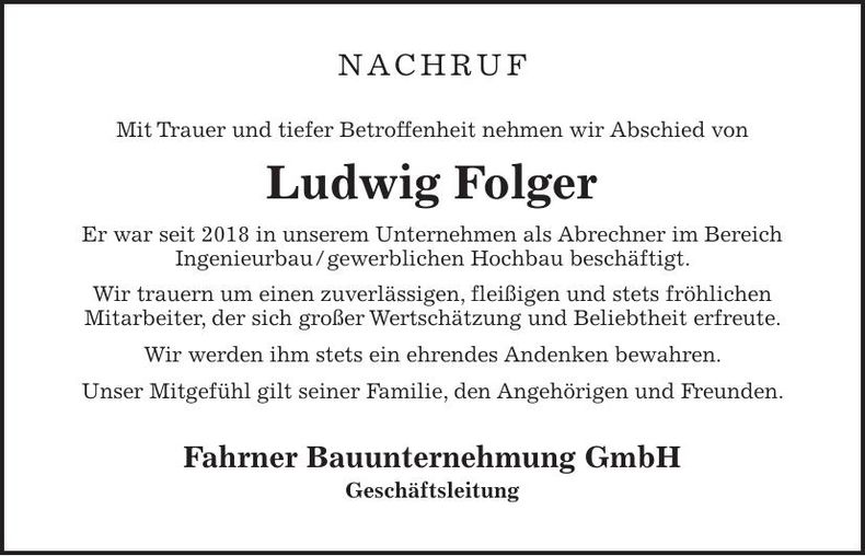 Traueranzeige Ludwig Folger 