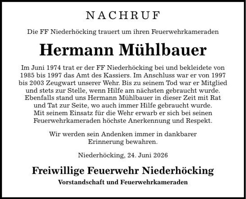 Traueranzeige Hermann  Mühlbauer