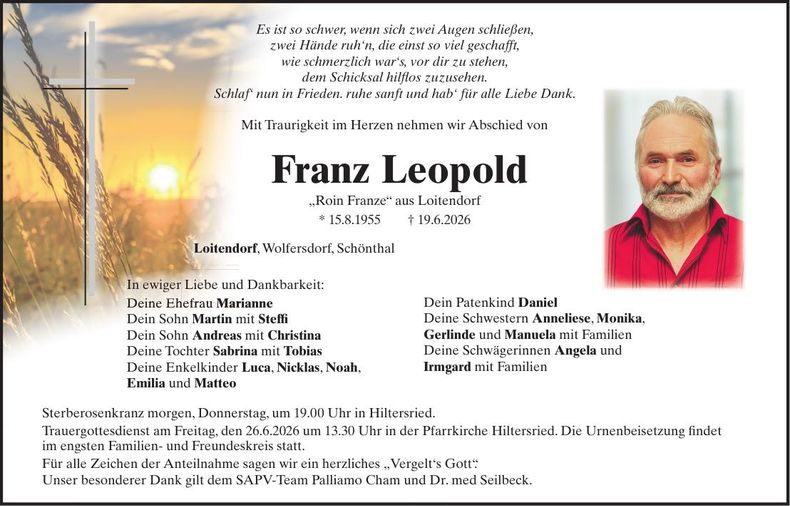 Traueranzeige Franz Leopold