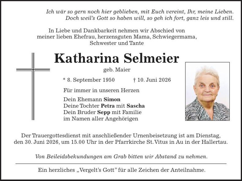 Traueranzeige Katharina Selmeier