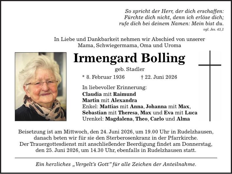 Traueranzeige Irmengard Bolling