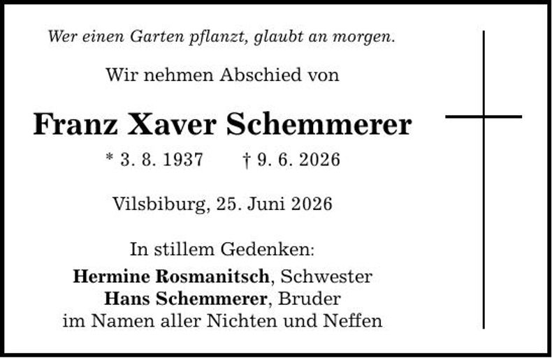 Traueranzeige Franz Xaver  Schemmerer