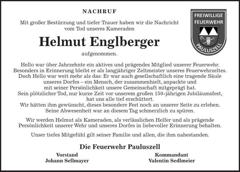 Traueranzeige Helmut Engelberger