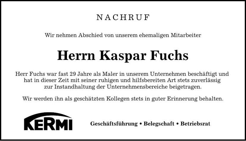 Traueranzeige Kaspar Fuchs
