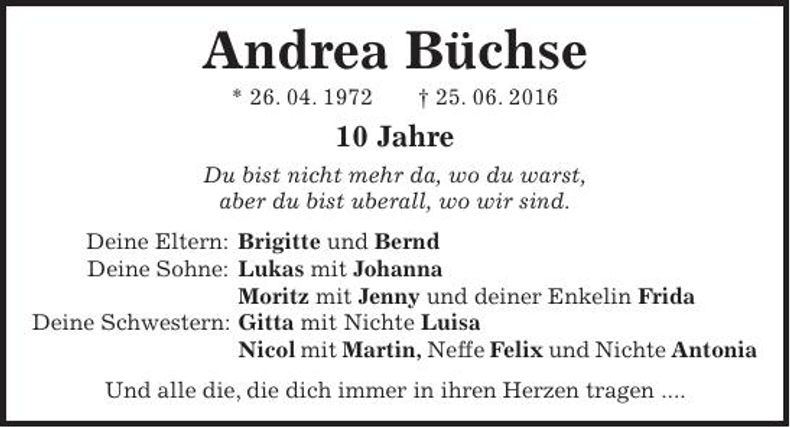 Traueranzeige Andrea Büchse