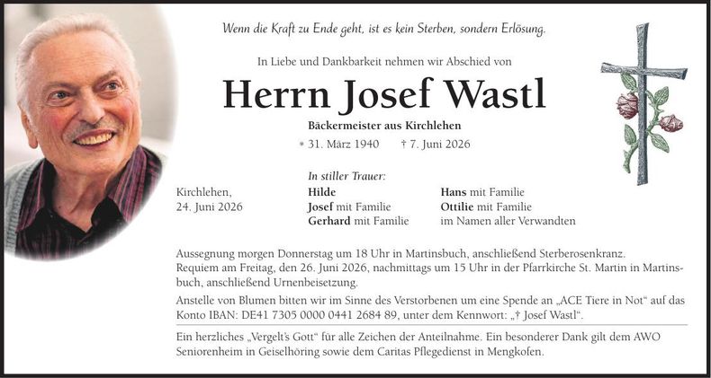 Traueranzeige Josef Wastl 