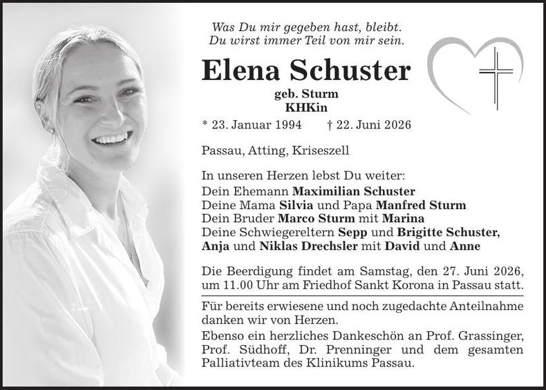 Traueranzeige Elena Schuster
