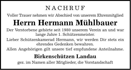 Traueranzeige Hermann Mühlbauer