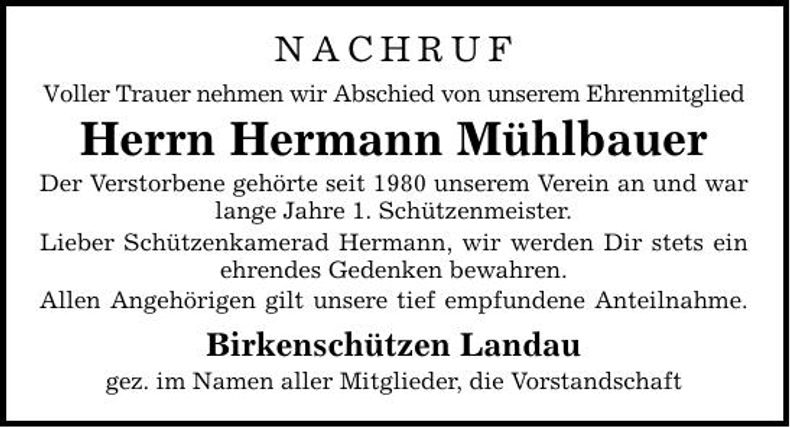 Traueranzeige Hermann  Mühlbauer