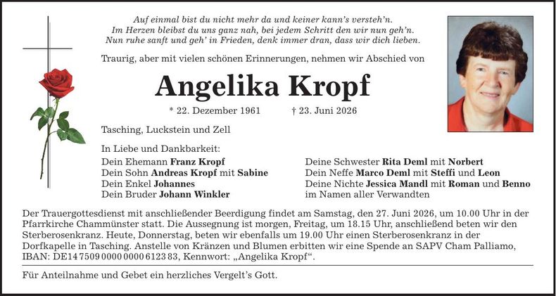 Traueranzeige Angelika Kropf