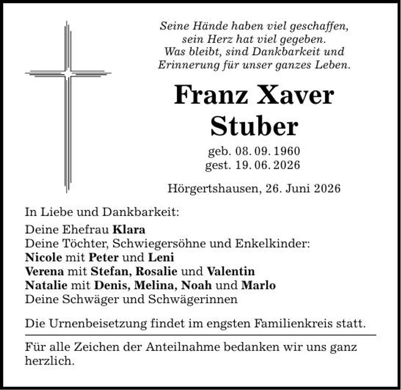 Traueranzeige Franz Xaver Stuber