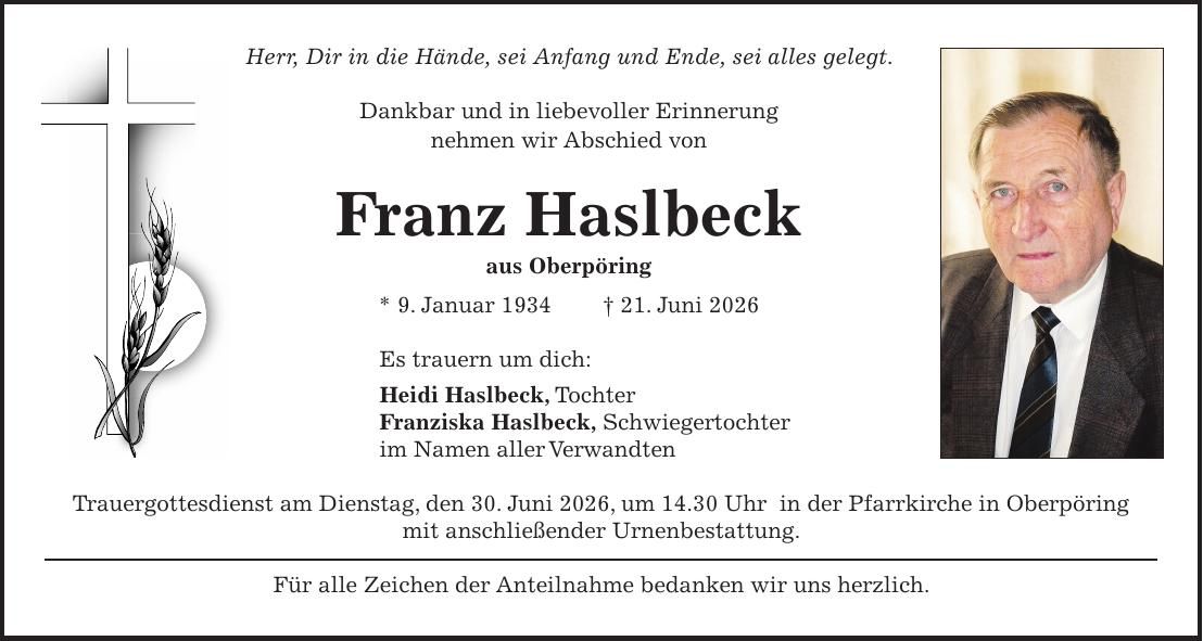 Traueranzeige Franz Haslbeck