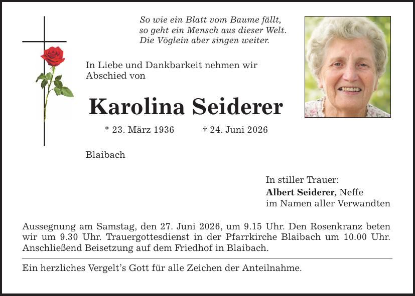 Traueranzeige Karolina Seiderer
