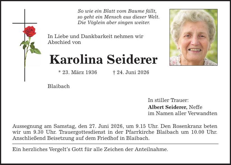 Traueranzeige Karolina Seiderer