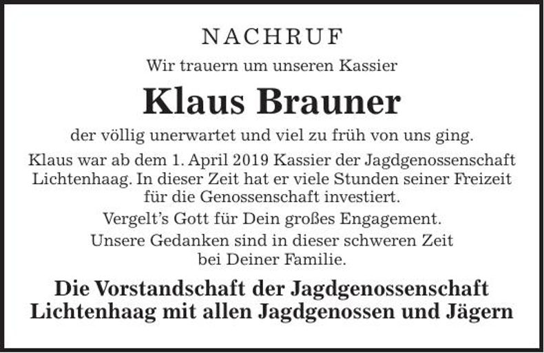 Traueranzeige Klaus Brauner