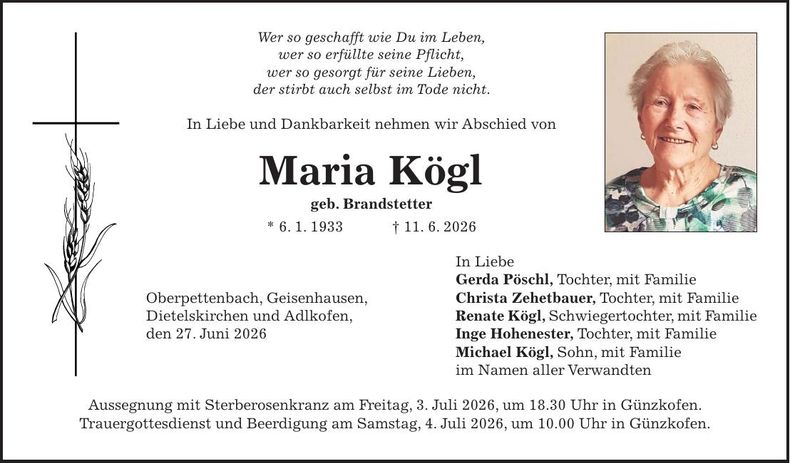 Traueranzeige Maria Kögl