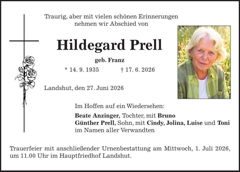 Traueranzeige Hildegard Prell
