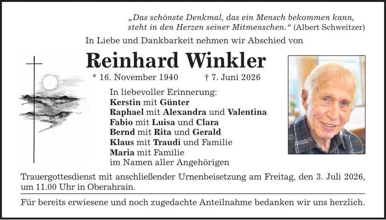 Traueranzeige Reinhard Winkler