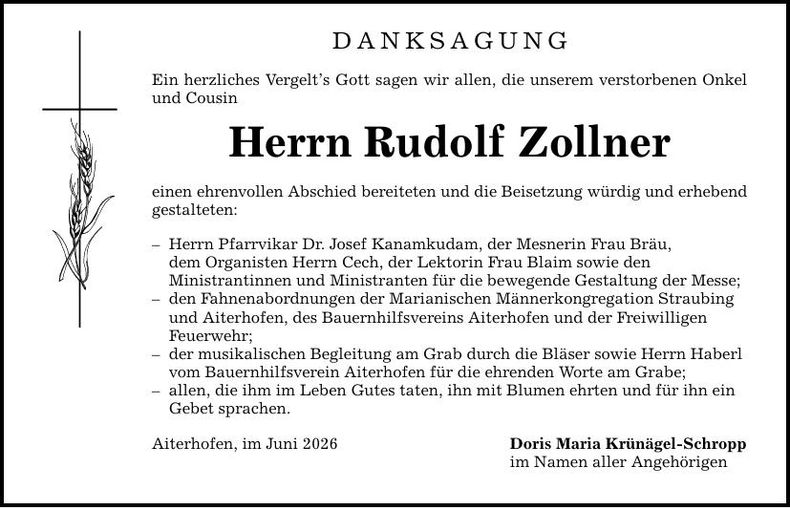 Traueranzeige Rudolf Zollner