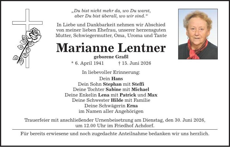 Traueranzeige Marianne Lentner