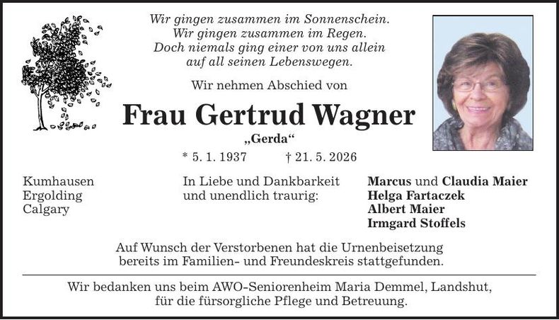 Traueranzeige Gertrud Wagner