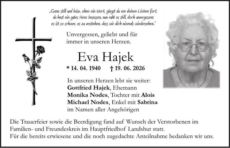 Traueranzeige Eva Hajek