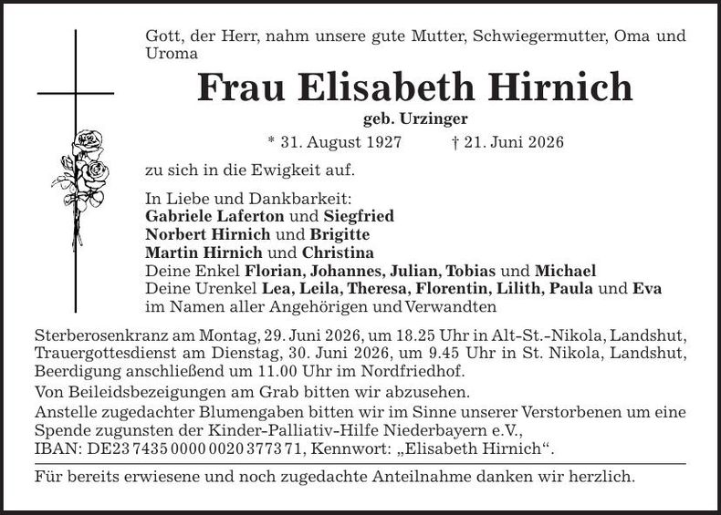 Traueranzeige Elisabeth Hirnich