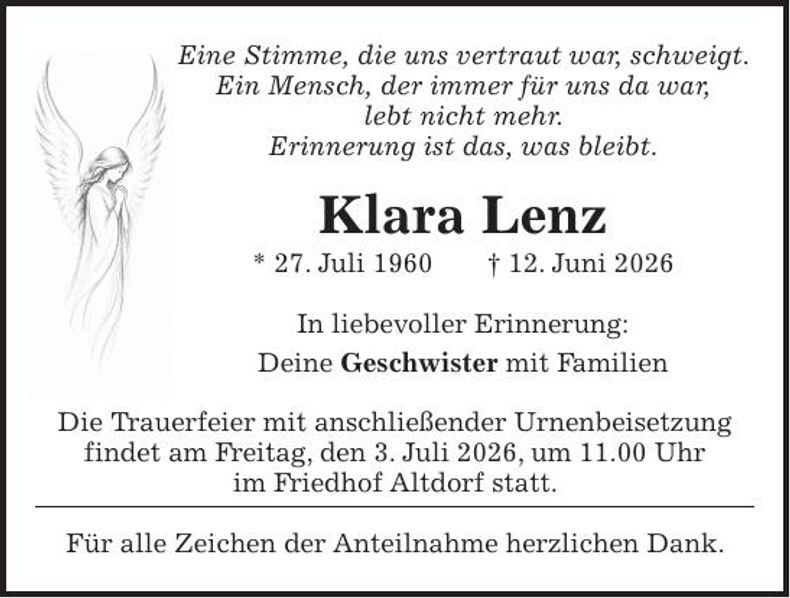 Traueranzeige Klara Lenz